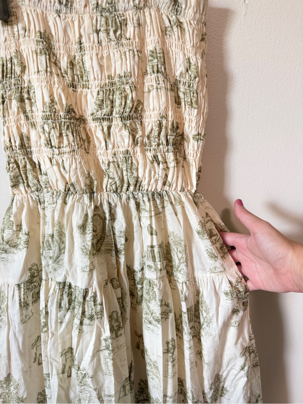 En Saison Cream Green French Toile Smocked Tiered tulle tie strap Midi Dress - S - Picture 4 of 6